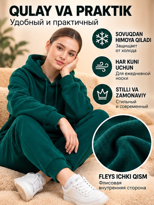 Ayollar uchun sport kostyumi, issiq, qalpoqchali xudi va shim