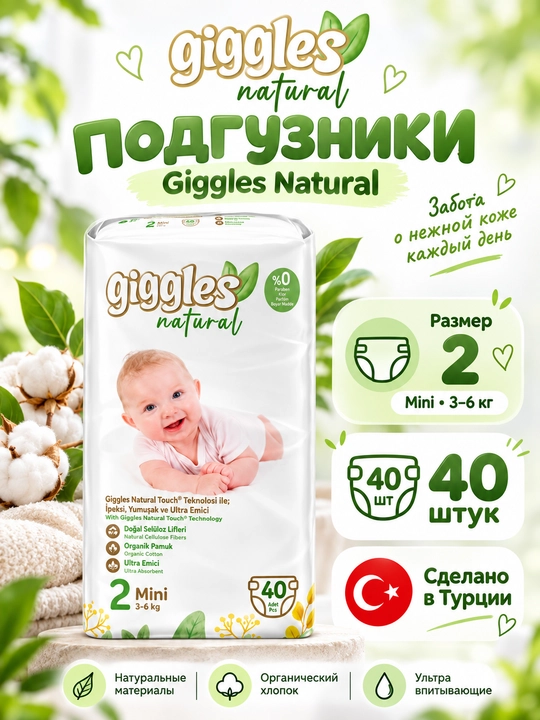 Подгузники Giggles Natural размер 2 Mini 3–6 кг, 40 шт, органический хлопок - 