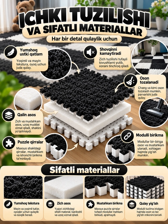 Modulli puzzle gilamcha, biriktiriladigan yumshoq pol qoplamasi