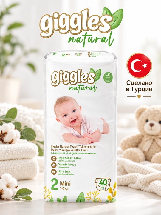 Подгузники Giggles Natural размер 2 Mini 3–6 кг, 40 шт, органический хлопок