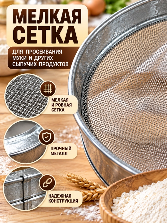 Сито для муки, стальное металлическое сито, мелкая сетка, набор из 2 штук для кухни