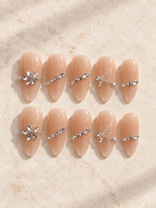 Накладные ногти press on nails с клеем, длинные типсы со стразами и дизайном