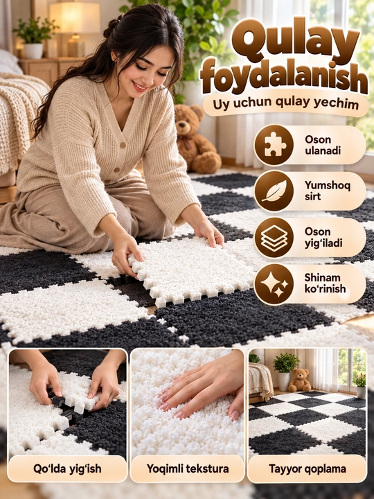 Modulli puzzle gilamcha, biriktiriladigan yumshoq pol qoplamasi - 