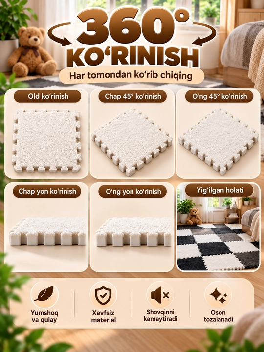 Modulli puzzle gilamcha, biriktiriladigan yumshoq pol qoplamasi
