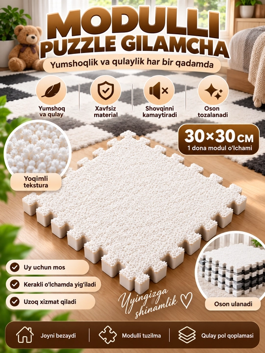 Modulli puzzle gilamcha, biriktiriladigan yumshoq pol qoplamasi