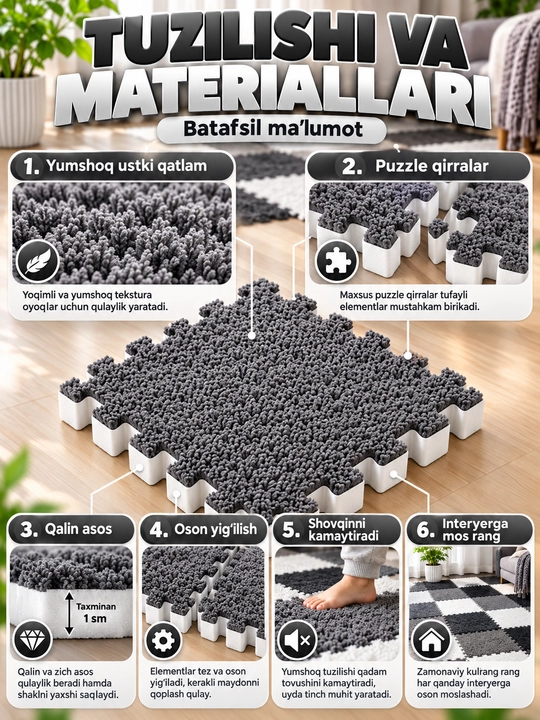 Modulli puzzle gilamcha, biriktiriladigan yumshoq pol qoplamasi