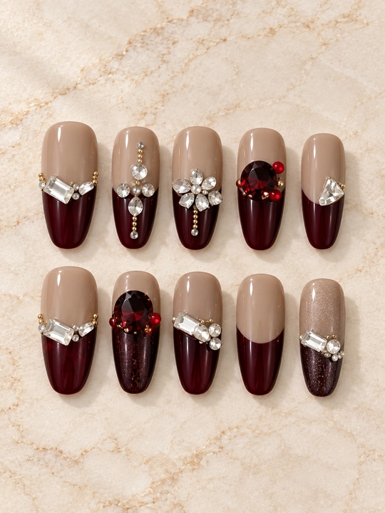 Накладные ногти press on nails с клеем, длинные типсы со стразами и дизайном