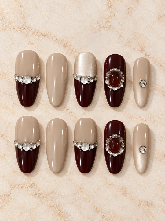Накладные ногти press on nails с клеем, длинные типсы со стразами и дизайном