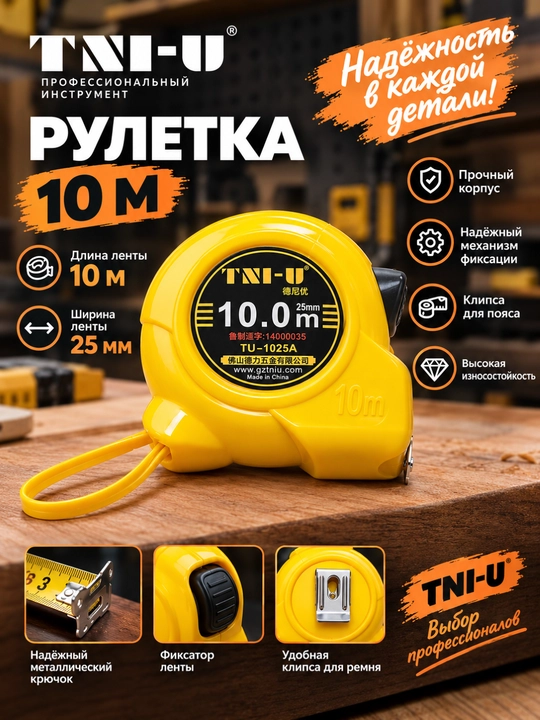 TNI-U 10 metrli professional ruletka — aniq o‘lchov va qulay foydalanish uchun - 