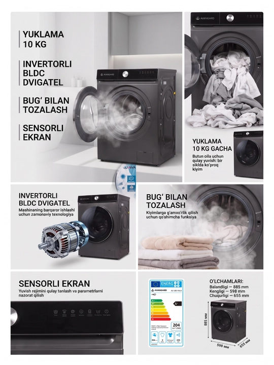 Avangard kir yuvish mashinasi 6kg /  8kg / 10kg BLDC invertorli motor, 14 ta dastur, A+++