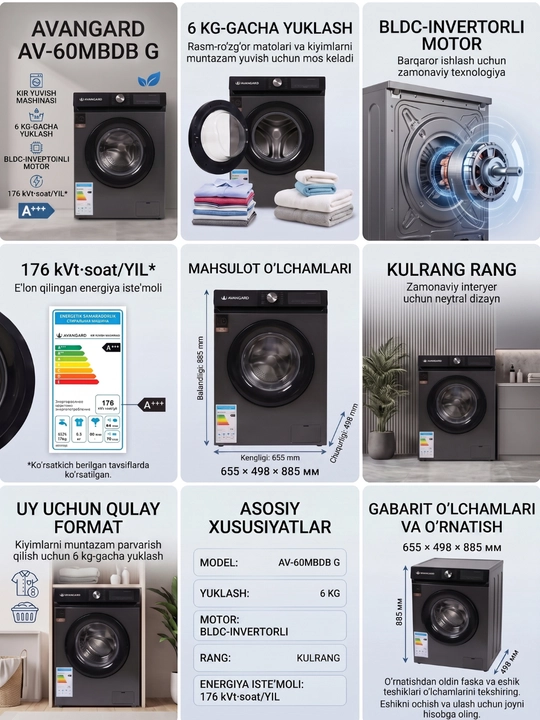 Avangard kir yuvish mashinasi 6kg /  8kg / 10kg BLDC invertorli motor, 14 ta dastur, A+++
