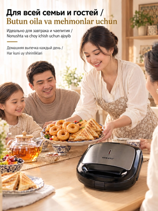 Sokany SK-902 3-in-1 sendvich tayyorlagich, 750 Vt, almashtiriladigan panellar