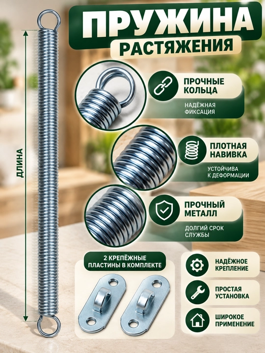 Tortish prujinasi, mustahkam metall, halqali uchlar va 2 ta mahkamlash plastinasi - 