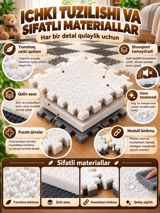 Modulli puzzle gilamcha, biriktiriladigan yumshoq pol qoplamasi