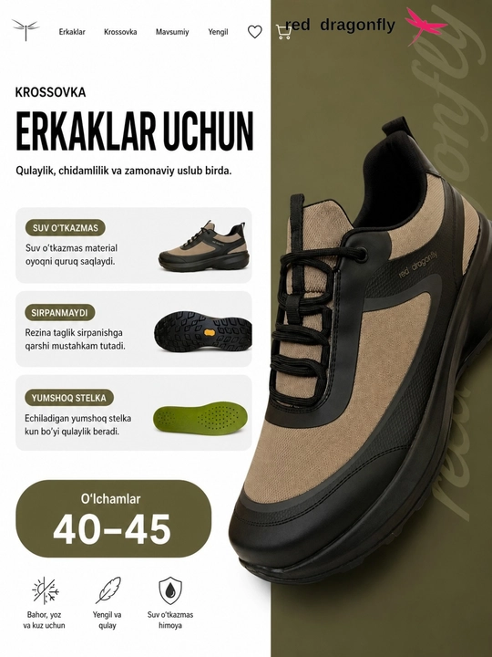Erkaklar krossovkasi, Red Dragonfly, erkaklar oyoq kiyimlari, erkaklar poyabzali, 40-45