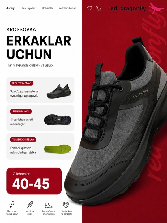 Erkaklar krossovkasi, Red Dragonfly, erkaklar oyoq kiyimlari, erkaklar poyabzali, 40-45 - 