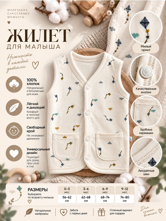 Жилет для малыша Tiffany Baby Kite с кармашками и принтом воздушных змеев - 