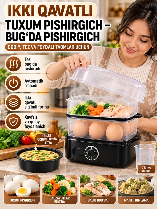 Ikki qavatli elektr tuxum pishirgich-bug‘ pishirgich, 500 Vt, avtomatik o‘chirish bilan