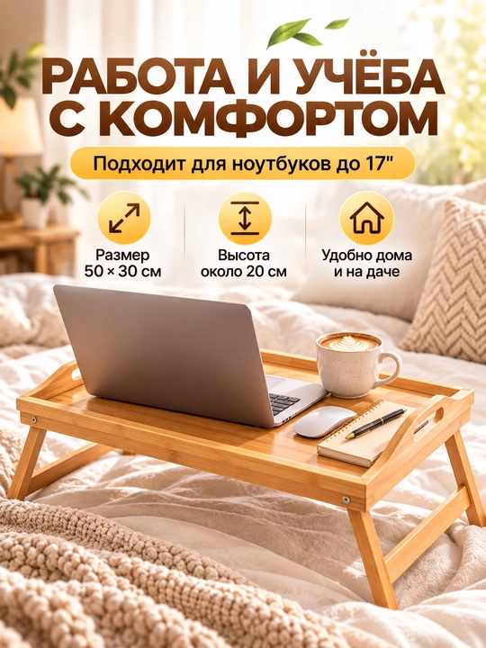 Столик для ноутбука складной 50×30 см, бамбуковый поднос для кровати