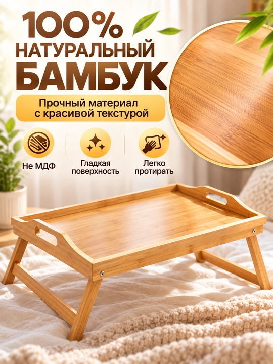 Столик для ноутбука складной 50×30 см, бамбуковый поднос для кровати