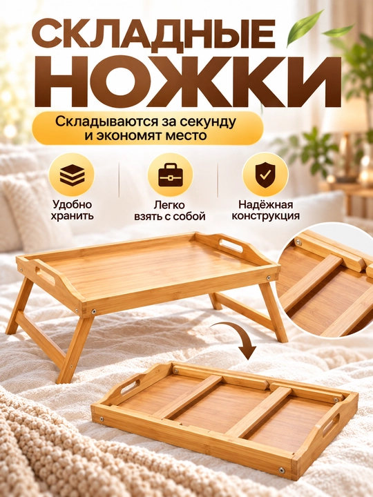 Столик для ноутбука складной 50×30 см, бамбуковый поднос для кровати