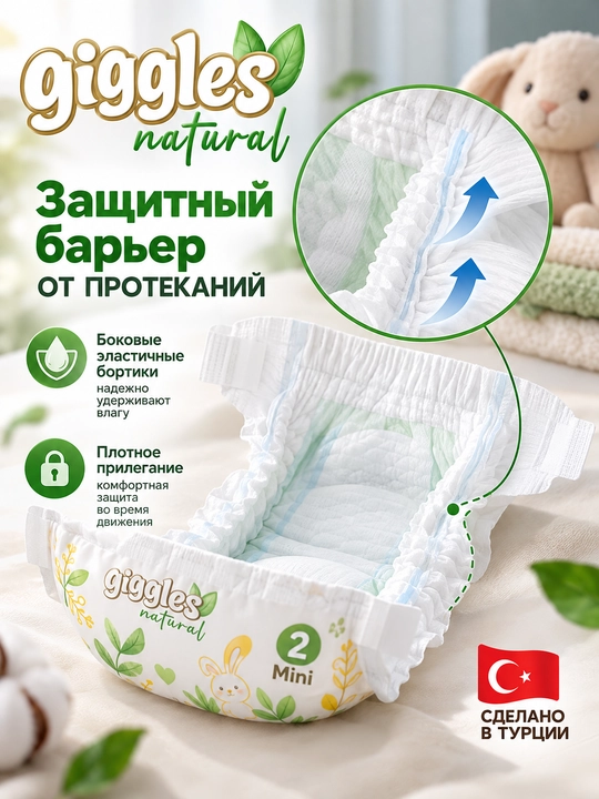 Giggles Natural Newborn tagliklari 1 o‘lcham, 2–5 kg, 40 dona, organik paxta