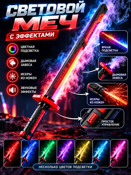 Игрушечный световой меч с цветной подсветкой и звуковыми эффектами