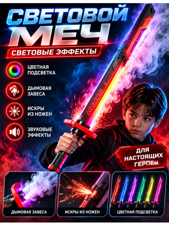 Игрушечный световой меч с цветной подсветкой и звуковыми эффектами