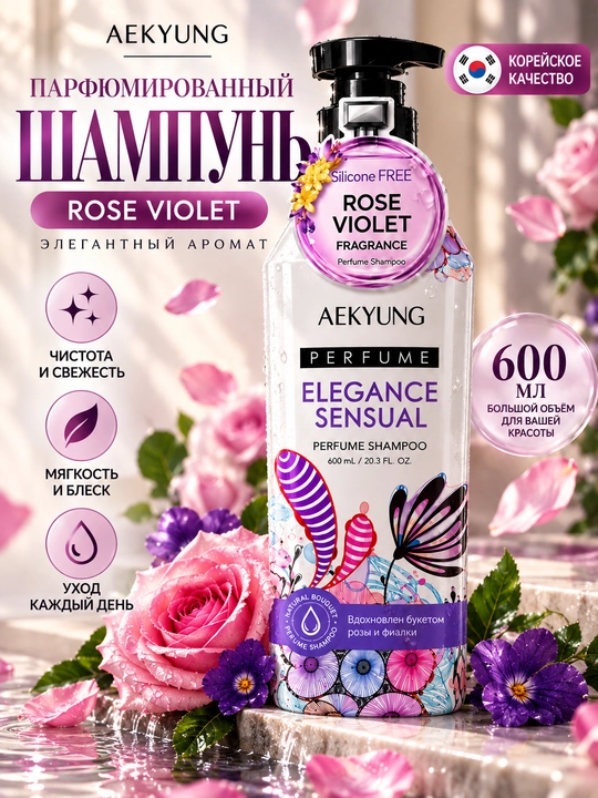 Aekyung Rose Violet parfyumeriyali shampun, xushbo‘y, silikonsiz, sochlar uchun, 600 ml - 