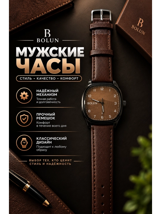 Классические мужские часы с ремешком из эко-кожи - 