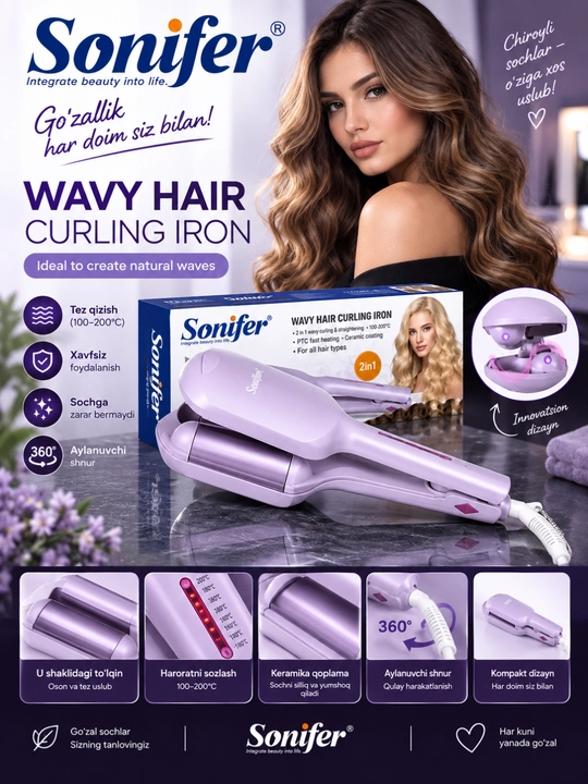 Sonifer SF-9683A(B) Soch to‘lqinlagich 68W, 2in1, keramik qoplama, 160–200°C, 360°