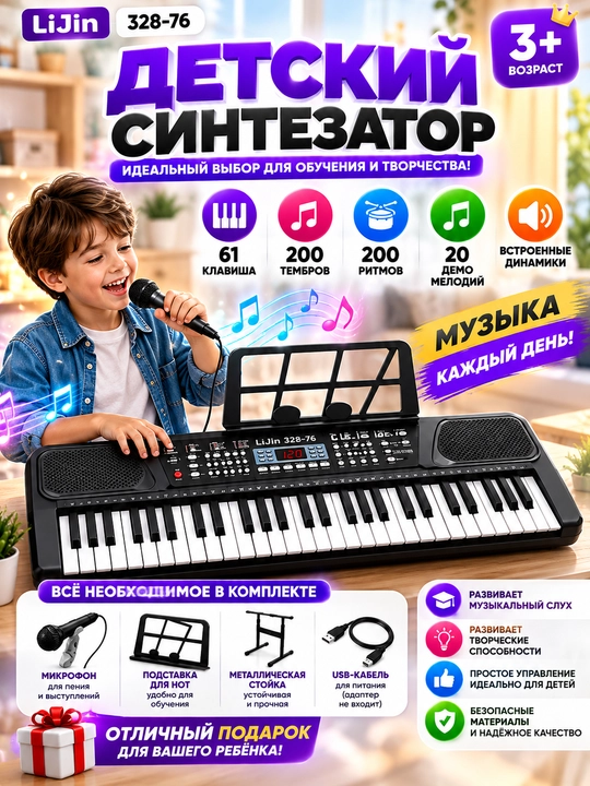 Детский электронный синтезатор, 61 клавиша, с микрофоном и стойкой