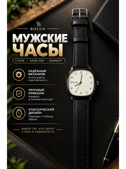 Классические мужские часы с ремешком из эко-кожи - 