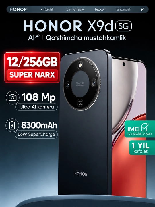 Smartfon HONOR X9d 5G 6.79" AMOLED, Snapdragon 6 Gen 4, 108 MP, 8300 mA·soat