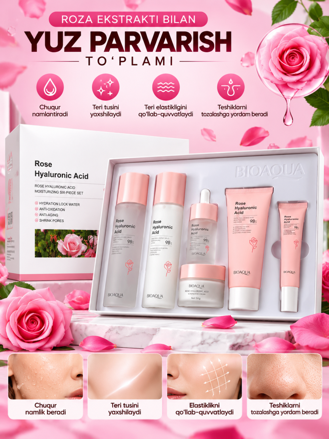 BIOAQUA Rose Hyaluronic Acid yuz parvarishi to‘plami, 6 ta buyum - 