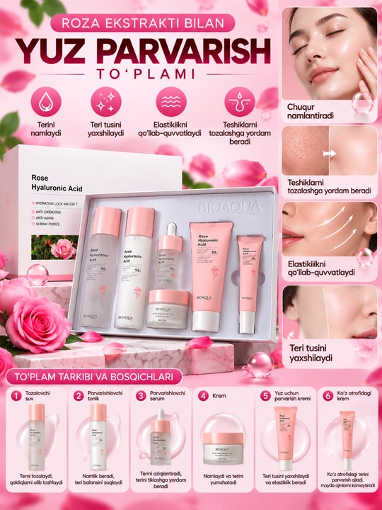 BIOAQUA Rose Hyaluronic Acid yuz parvarishi to‘plami, 6 ta buyum