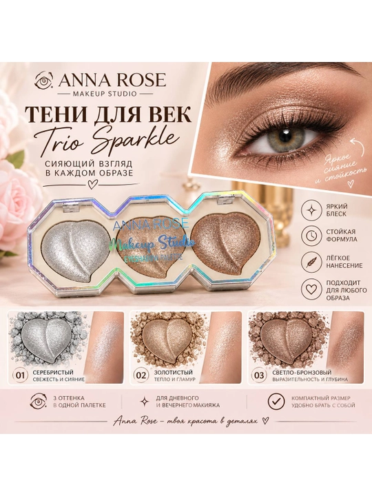 Трехцветная палетка хайлайтеров для лица ANNA ROSE - 