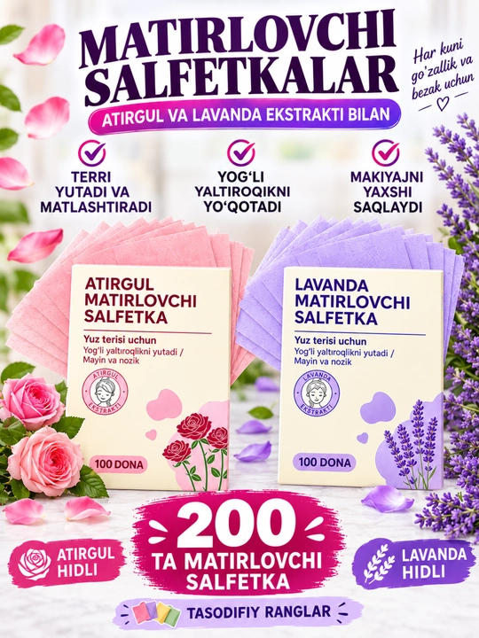 Yuz uchun salfetkalar, 100 va 200 dona - 