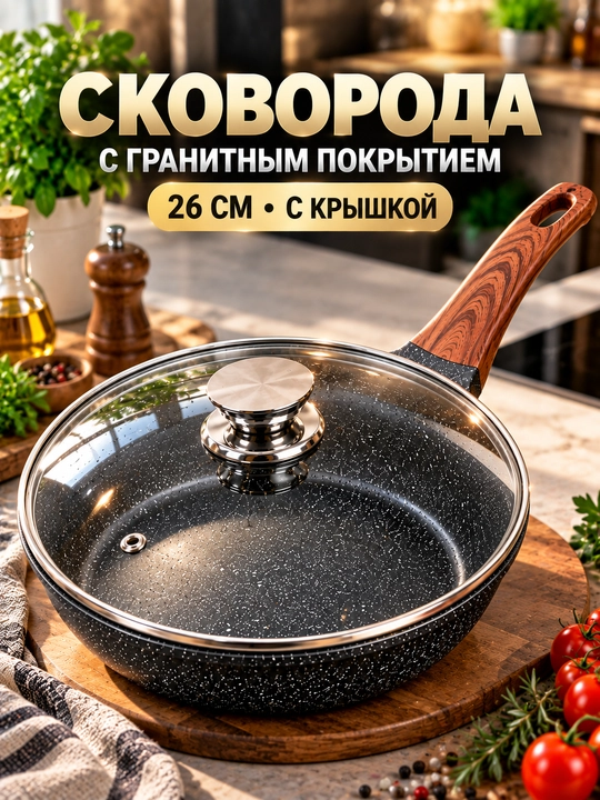 Сковорода O.M.S 15002 26 см с крышкой, гранитное антипригарное покрытие - 