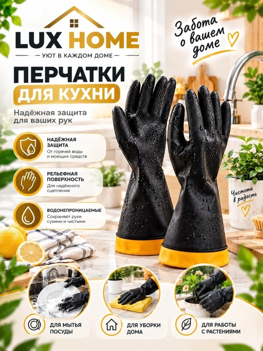 Чёрные резиновые перчатки, водостойкие, для мытья посуды уборки дома и работы с растениями - 