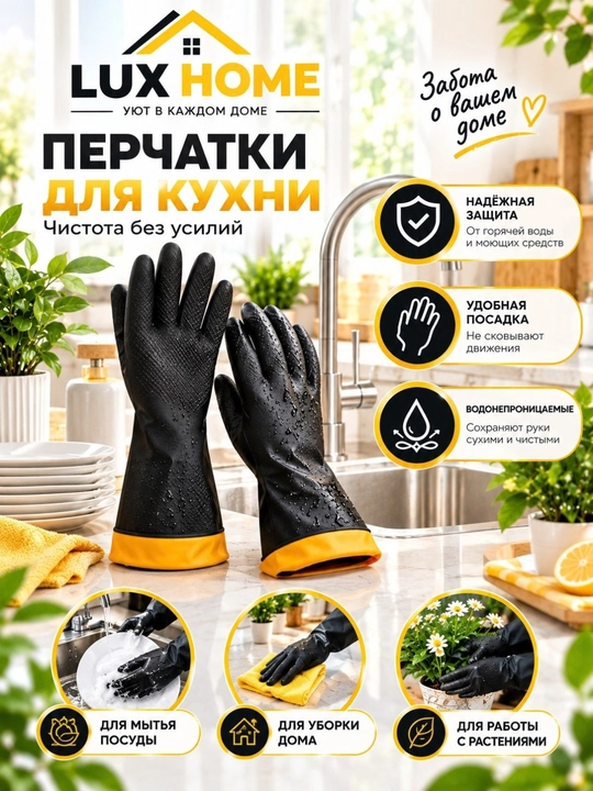 Чёрные резиновые перчатки, водостойкие, для мытья посуды уборки дома и работы с растениями