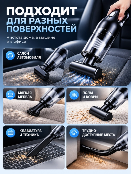 Ручной пылесос для дома и автомобиля 15000 Па, беспроводной, 4 в 1, Type-C