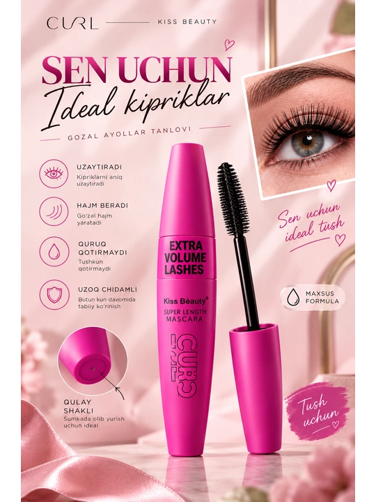 Kiss Beauty Extra Volume kipriklar uchun tush—suvga chidamli,uzaytiruvchi va hajm beruvchi - 