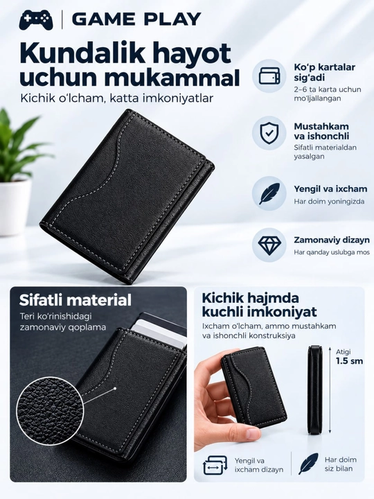 Karta va naqd pul uchun ixcham hamyon 5tagacha kartani sig‘dira oladigan  kartxolder