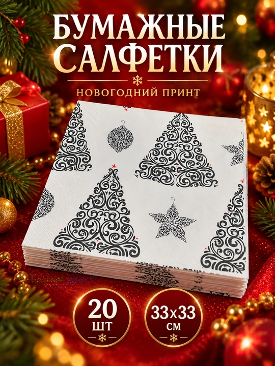 Новогодние салфетки бумажные 33×33см,20шт, праздничные рождественские для сервировки стола - 