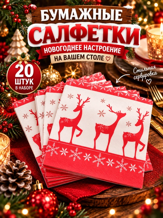 Новогодние салфетки бумажные 33×33см,20шт, праздничные рождественские для сервировки стола - 