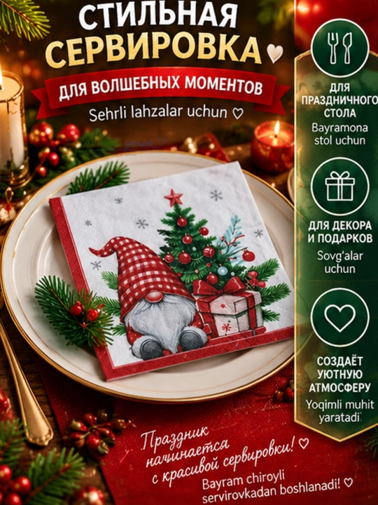 Yangi yil qog‘oz salfetkalari 33×33 sm, 20 dona, bayram va Rojdestvo dasturxoni uchun