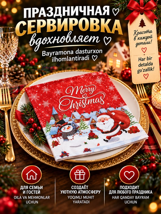 Yangi yil qog‘oz salfetkalari 33×33 sm, 20 dona, bayram va Rojdestvo dasturxoni uchun
