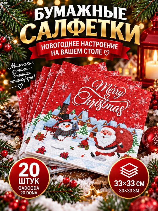 Yangi yil qog‘oz salfetkalari 33×33 sm, 20 dona, bayram va Rojdestvo dasturxoni uchun