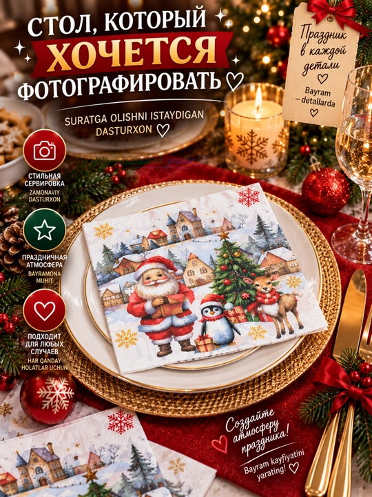 Yangi yil qog‘oz salfetkalari 33×33 sm, 20 dona, bayram va Rojdestvo dasturxoni uchun